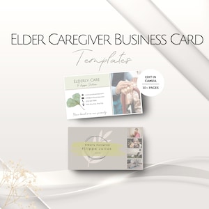 Plantillas de tarjetas de presentación para cuidadores de personas mayores, diseño de tarjetas de información editables para proveedores de atención a personas mayores, ofertas de servicios profesionales personalizables para personas mayores.