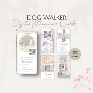Biglietti da visita Instagram per dog walker, modelli digitali per passeggiate, informazioni Instagram professionali per passeggiate con i cani, codice QR modificabile per il servizio social media Canva
