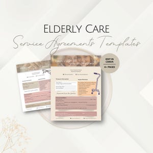 May include: Two templates for elderly care service agreements. The documents are light pink and white with the words "Elderly Care Service Agreement" at the top. The image includes a cane and the text "Edit in Canva 4+ Pages."