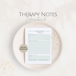 May include: A printable therapy notes sheet with a light green and white design. The sheet includes sections for patient information, discussion points, observations, and mood tracking. The words "THERAPY NOTES Printouts" and "INSTANT DOWNLOAD" are also visible.