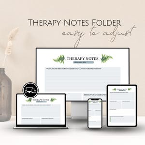 Peut inclure: Un dossier de notes de th&eacute;rapie num&eacute;rique affich&eacute; sur un ordinateur portable, un moniteur de bureau, une tablette et un smartphone. Le texte "THERAPY NOTES FOLDER easy to adjust" est en haut. Chaque appareil affiche un mod&egrave;le.