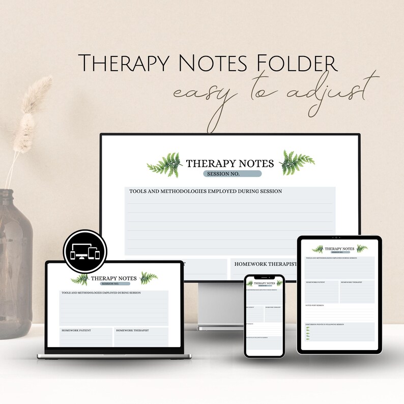 Peut inclure: Un dossier de notes de th&eacute;rapie num&eacute;rique affich&eacute; sur un ordinateur portable, un moniteur de bureau, une tablette et un smartphone. Le texte "THERAPY NOTES FOLDER easy to adjust" est en haut. Chaque appareil affiche un mod&egrave;le.