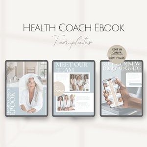 Könnte beinhalten: Digitales Marketing-Bild, das ein Health Coach E-Book bewirbt. Das Bild zeigt drei digitale Tablets mit dem Text "Health Coach Ebook Templates". Die Tablets zeigen E-Book-Seiten und den Text "Meet Our Team" und "Get Your New Digital Guide".