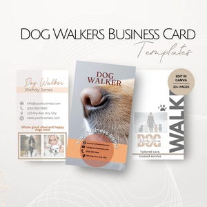 Puede incluir: Plantillas de tarjetas de visita para paseadores de perros. El diseño presenta la nariz de un perro, una silueta de una persona paseando perros y el texto "Dog Walker". Incluye información de contacto y la frase "Where good vibes and happy dogs meet."