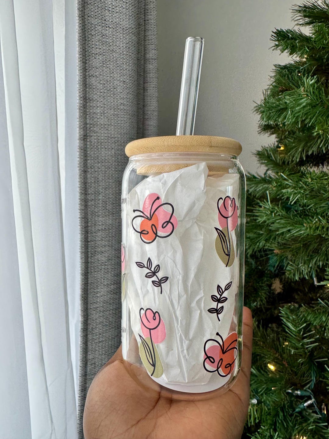16oz Glass Tumbler With Bamboo Lid & Glass Straw | Iced Coffee Cup ...
