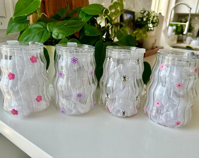 16.5 oz Glass Tumbler with Lid & Straw | Aesthetic Iced Coffee Cup | Reusable Glass Cup with Straw | Cute Drinkware Gift for Her