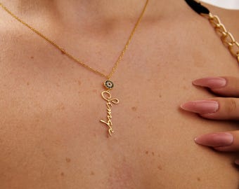 14K Gold Evil Eye Name Necklace: Personalized Vertical Pendant, Protective Amulet