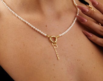 14K Gold Pearl Name Necklace: Personalized Handmade Jewelry Gift