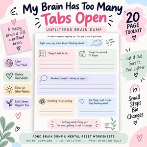 May include: A 20-page toolkit titled My Brain Has Too Many Tabs Open, featuring an unfiltered brain dump worksheet. The page includes sections for tasks, worries, random thoughts, and things to avoid, with pastel-coloured boxes and text.