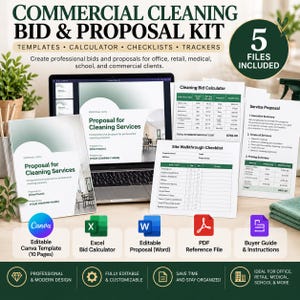May include: A commercial cleaning bid and proposal kit featuring a laptop displaying a proposal template, printed checklists, and a calculator. The set includes five files: an editable Canva template, Excel bid calculator, Word proposal, PDF reference, and buyer guide.