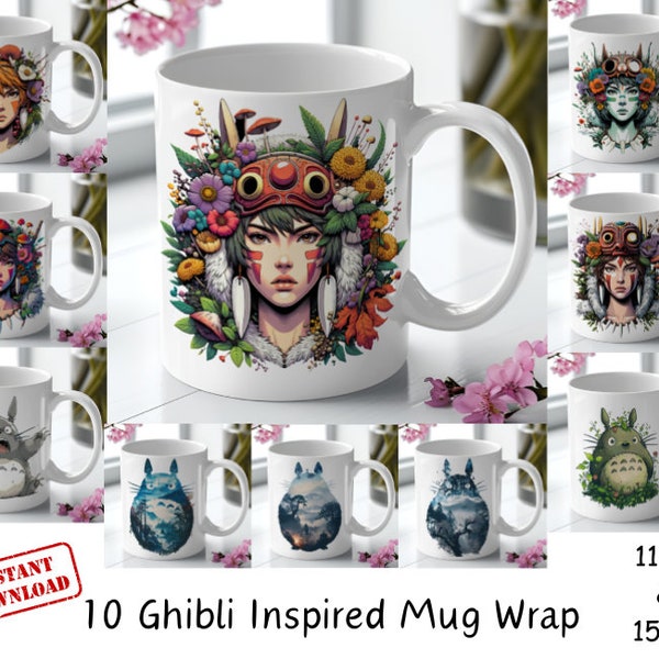 10 caprichosas envolturas de tazas inspiradas en Ghibli / Totoro / Diseños de sublimación PNG / Taza de 11 oz Taza de 15 oz / Diseño de envoltura de taza de anime / Descarga instantánea