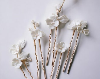 Handmade Ceramic Flower Leaf Pearls Bridal Hair Pin, Set Wedding Hair Accessories Women Hair Jewelry, Floral Hair Pins, Bridal Hair Clips