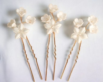 Set Handmade Ceramic Flower Bridal Hairpin, Simple Pearl Wedding Headpiece, Tiara Accessories, Bridal Hair Accessories