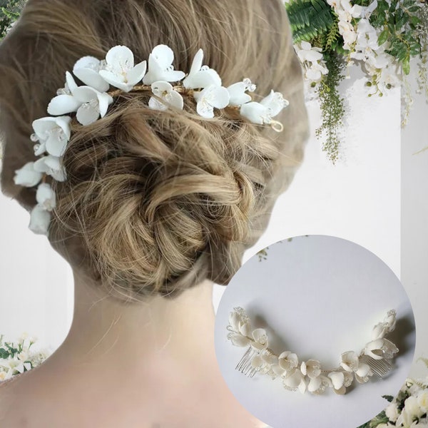Handmade Ceramic White Flower Spring Hairpin, Ceramic Flower Pearl Hair Comb, Bridal Wedding Hair Accessories, Bridesmaid Hair Accessories