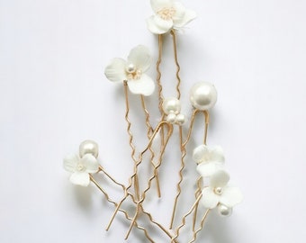 6Pcs/Set Handmade Ceramic Flower Bridal Hairpin, Simple Pearl Wedding Headpiece, Tiara Accessories, Bridal Hair Accessories