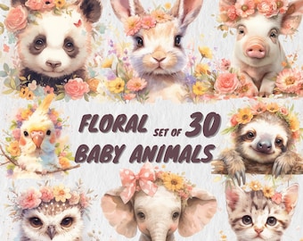 30 Blumen Baby Tiere Clipart, Aquarell Safari Tiere PNG, Baby Tier Clipart Kinderzimmer Dekor Baby Dusche Geburtstag Kommerzielle Nutzung