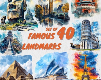 40 aquarel monumenten PNG clipart bundel, populaire monumenten clipart, Eiffeltoren, Taj Mahal, Vrijheidsbeeld, Colosseum illustraties