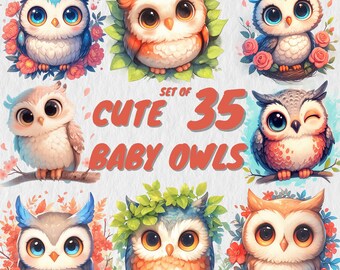 35 Watercolor Cute Baby Owls Clipart,Cute Adorable Owlets,Baby Owlet,Woodland,Barn Animal Illustrations,Instant Download for Commercial Use