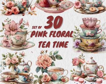 30 Watercolor Pink Vintage Floral Tea Time Clipart, Pastel Tea Clipart, Tea Time art, Flower Teacup Png, Tee-Illustration, Tea Party Bundle
