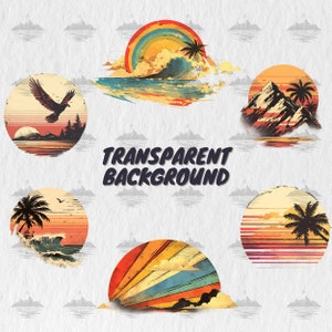 May include: A set of six vintage-style illustrations featuring various beach scenes. Each illustration is circular and features a sunset, palm trees, and ocean waves. The illustrations are set against a white background with a text overlay that reads "TRANSPARENT BACKGROUND".