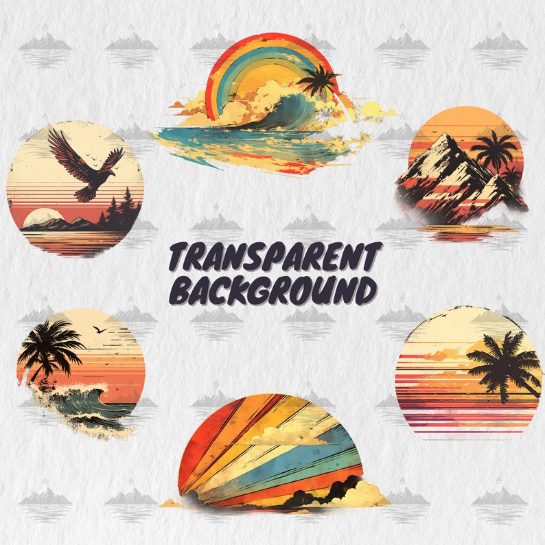 May include: A set of six vintage-style illustrations featuring various beach scenes. Each illustration is circular and features a sunset, palm trees, and ocean waves. The illustrations are set against a white background with a text overlay that reads "TRANSPARENT BACKGROUND".