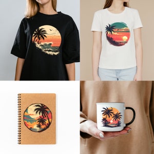 May include: A set of three products featuring a retro-style illustration of palm trees, a sunset, and ocean waves. The products include a black t-shirt, a white t-shirt, and a brown notebook with a spiral binding.