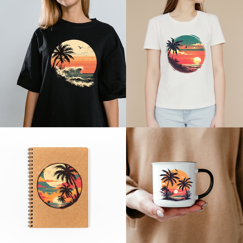 May include: A set of three products featuring a retro-style illustration of palm trees, a sunset, and ocean waves. The products include a black t-shirt, a white t-shirt, and a brown notebook with a spiral binding.