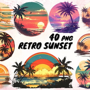 Paquete de 40 imágenes PNG de atardecer retro, atardecer de palmera vintage, imágenes PNG de atardecer retro vintage, círculo retro, atardecer angustiado, diseños de camisetas de atardecer retro