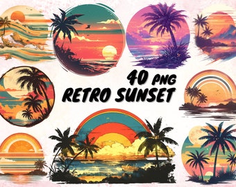 Può includere: Un set di 40 illustrazioni di tramonto retrò con palme, oceani e tramonti colorati. Le illustrazioni sono in formato circolare e sono perfette per aggiungere un tocco vintage ai tuoi progetti.