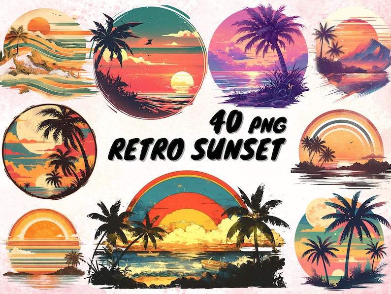 May include: A set of 40 retro sunset illustrations featuring palm trees, oceans, and colorful sunsets. The illustrations are in a circular format and are perfect for adding a vintage touch to your designs.