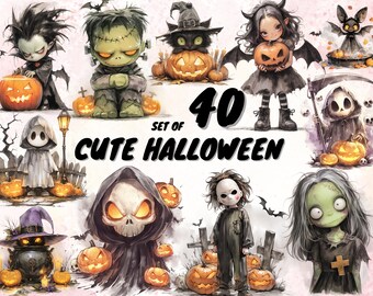 40 PNG Acuarela Lindo Paquete De Imágenes De Halloween, Imágenes Clip Art De Ilustraciones De Halloween Kawaii, Lindo Fantasma Zombie PNG, Sublimación De Temporada Espeluznante
