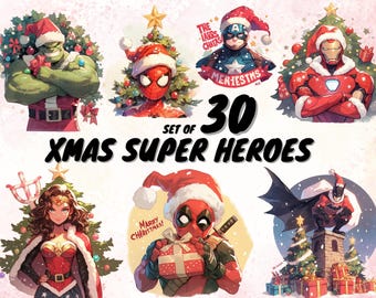 30 Christmas Superheroes Clipart, Whimsical Holiday Images for Festive Crafts, Perfect for Christmas Cards and Gift Wrapping