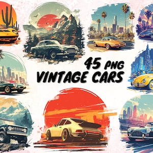Könnte beinhalten: Eine Sammlung von 45 Vintage-Auto-Illustrationen im PNG-Format. Die Illustrationen zeigen eine Vielzahl von klassischen Autos in verschiedenen Umgebungen, darunter Stadtlandschaften, Wüsten und Berge. Die Autos sind in einem Retro-Stil mit lebendigen Farben und kräftigen Linien dargestellt.