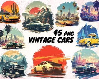 45 Clipart di auto d'epoca, illustrazioni di automobili classiche, grafica di design per magliette, regalo perfetto per gli amanti delle auto