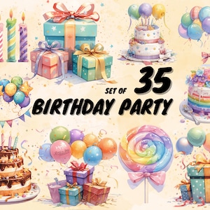 35 Aquarell Geburtstag Party Kuchen vorhanden Luftballons Clipart Bundle, alles Gute zum Geburtstag Sammlung, Geburtstagskarten Einladungen, kommerzielle Nutzung