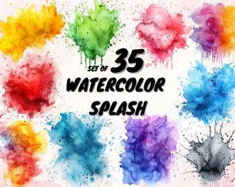 May include: A collection of 35 watercolor splash designs in various colors, including yellow, green, red, purple, and blue. The text "SET OF 35 WATERCOLOR SPLASH" is displayed in bold black font, suitable for digital art projects.