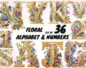 36 Art Nouveau illuminated initials Clipart Bundle Full English Alphabet and Numbers Mystical Illustration Floral Novel Clipart Magic PNG