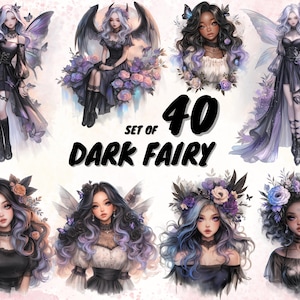 40 Dark Fairies Watercolor Clipart Bundle, Dark Magical Fairytale Illustrations, Gothic, Storybook, Instant Digital Download, Commercial Use