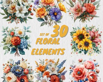 30 Watercolor Floral Clipart, Floral Clipart, Wedding Clipart, Spring Clipart, Watercolor Floral patternWild Flowers Png, Watercolor flower