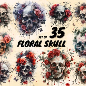 35 Clipart de caveira floral em aquarela, clipart gótico, clipart de fantasia, pacote de clipart de caveira floral, bruxa png, caveira png, clipart wiccan