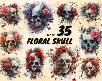 May include: A set of 35 digital illustrations of floral skulls. Each skull is adorned with red roses and green leaves. The skulls are painted in a watercolor style, with a dripping effect.