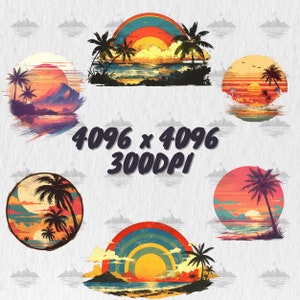 May include: Six digital illustrations of tropical sunset scenes with palm trees, a beach, and a colorful sunset. The illustrations are in a retro style with a vintage color palette.