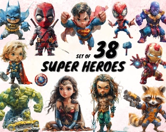 38 Superheroes Clipart Set, High-Quality and Colorful Graphics for DIY Projects, Birthday Party Decor and Kids Gifts