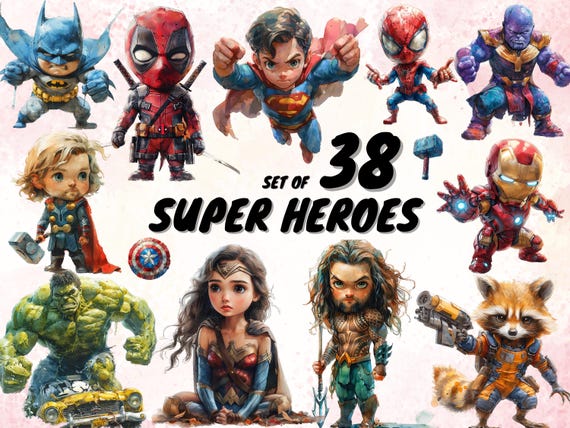 38 Superheroes Clipart Set, High-Quality and Colorful Graphics for DIY Projects, Birthday Party Decor and Kids Gifts