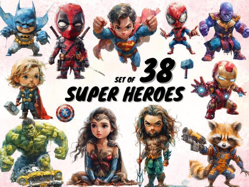 Pu&ograve; includere: Un set di 38 illustrazioni di cartoni animati colorati di supereroi popolari, tra cui Superman, Batman, Wonder Woman, Iron Man, Deadpool, Thor e molti altri. Le illustrazioni sono in stile chibi, con teste grandi e corpi piccoli.