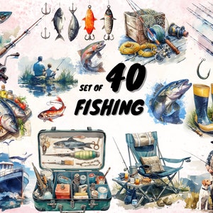 40 Watercolor Fishing Clipart, Fishing theme Watercolor Fishing,Fishing Rod, Fishing Lure, Fishing Boat, Gone Fishing PNG&#39;s, Commercial Use