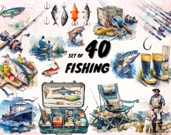 40 Watercolor Fishing Clipart, Fishing theme Watercolor Fishing,Fishing Rod, Fishing Lure, Fishing Boat, Gone Fishing PNG's, Commercial Use