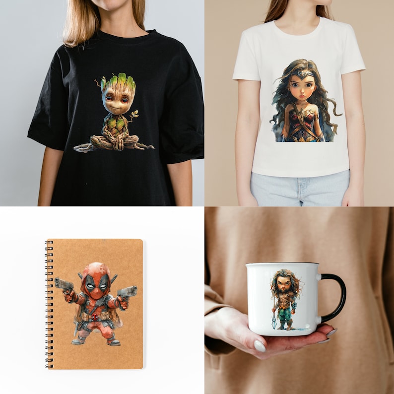 Pu&ograve; includere: Un set di quattro diversi design con personaggi popolari di fumetti e film. I design includono un personaggio verde con una testa frondosa, una donna con un costume rosso e blu, un personaggio rosso con una maschera nera e un uomo con un costume blu e un tridente. I design sono stampati su t-shirt, un quaderno e una tazza.