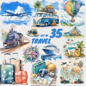 May include: A set of 35 travel themed watercolour illustrations. The illustrations include a hot air balloon, a vintage camper van, a train, a compass, a cruise ship, luggage, a tent, a map, and a globe.