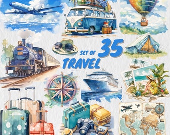 35 Watercolor Travel Clipart,Vacation Holiday Graphics, Plane, Travel Scrapbooking,Ticket, Luggage,Instant Download for Commercial Use